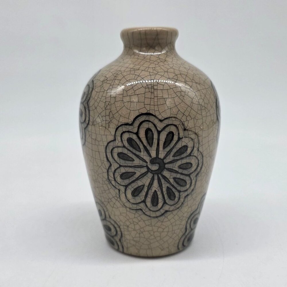 Small Beige Ceramic Bud Vase With Black Flower Motif & Crackled Texture